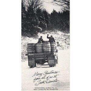 1981 Jack Daniels Whiskey Merry Christmas Barrel Truck Vintage Print Ad Wall Art